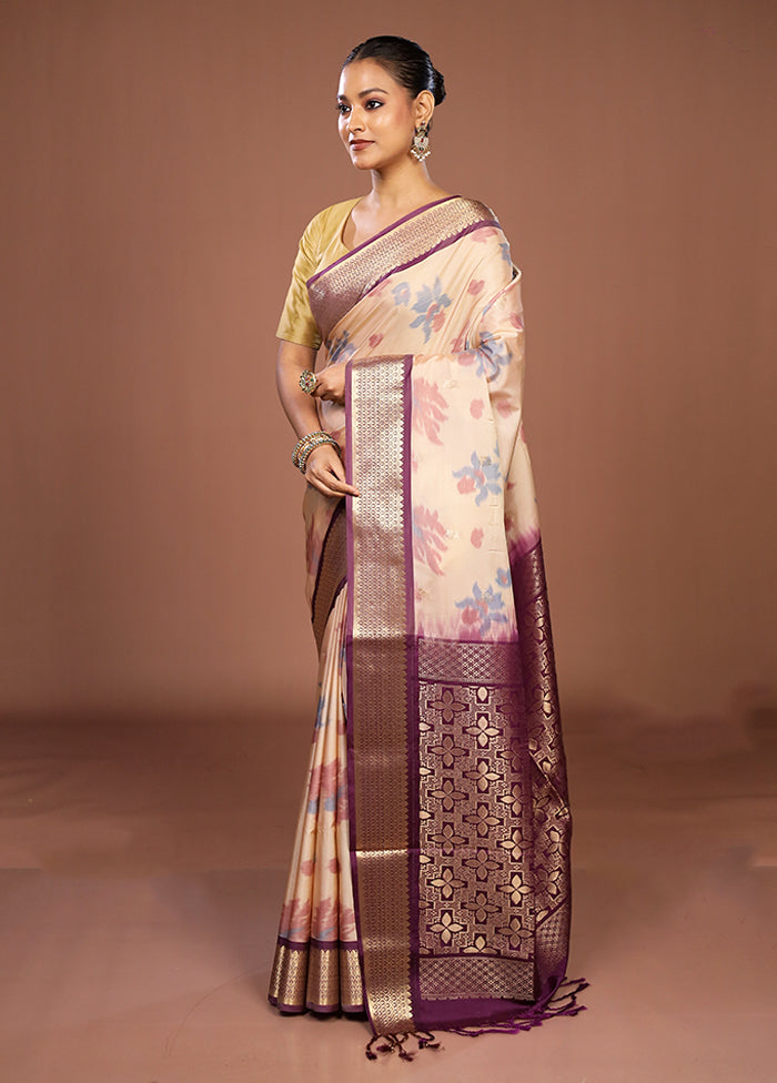 Cream Kanjivaram Silk Saree With Blouse Piece