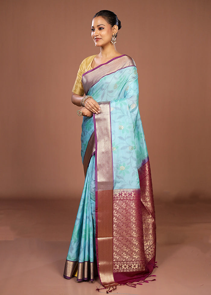 Blue Kanjivaram Silk Saree With Blouse Piece