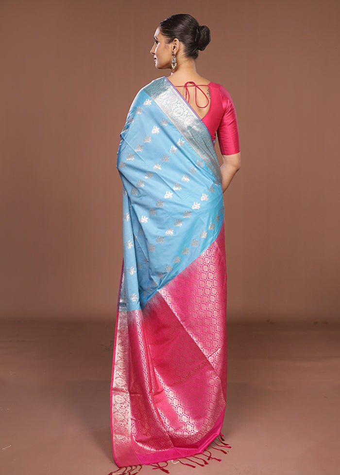 Blue Kanjivaram Silk Saree With Blouse Piece