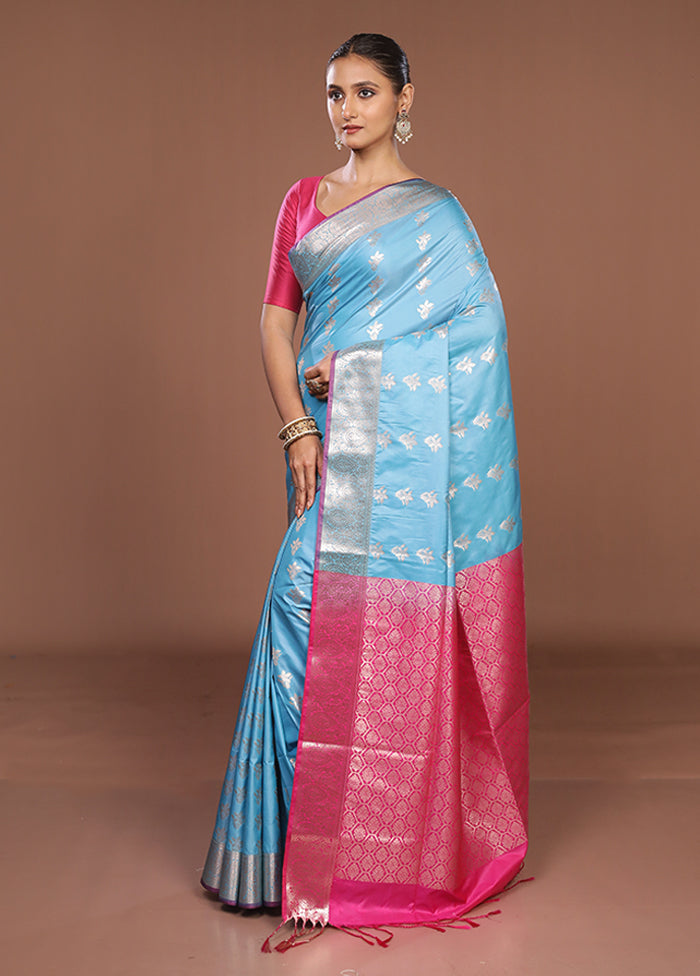 Blue Kanjivaram Silk Saree With Blouse Piece