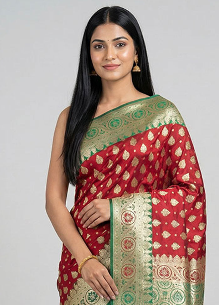 Red Banarasi Silk Saree With Blouse Piece