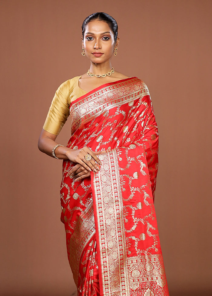 Red Banarasi Silk Saree With Blouse Piece