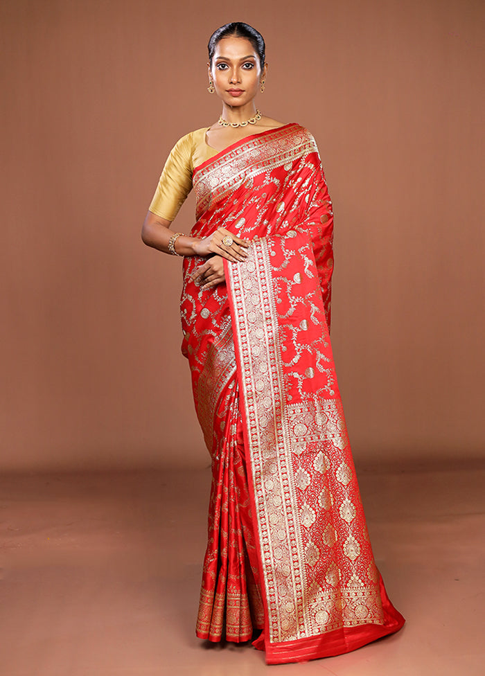 Red Banarasi Silk Saree With Blouse Piece