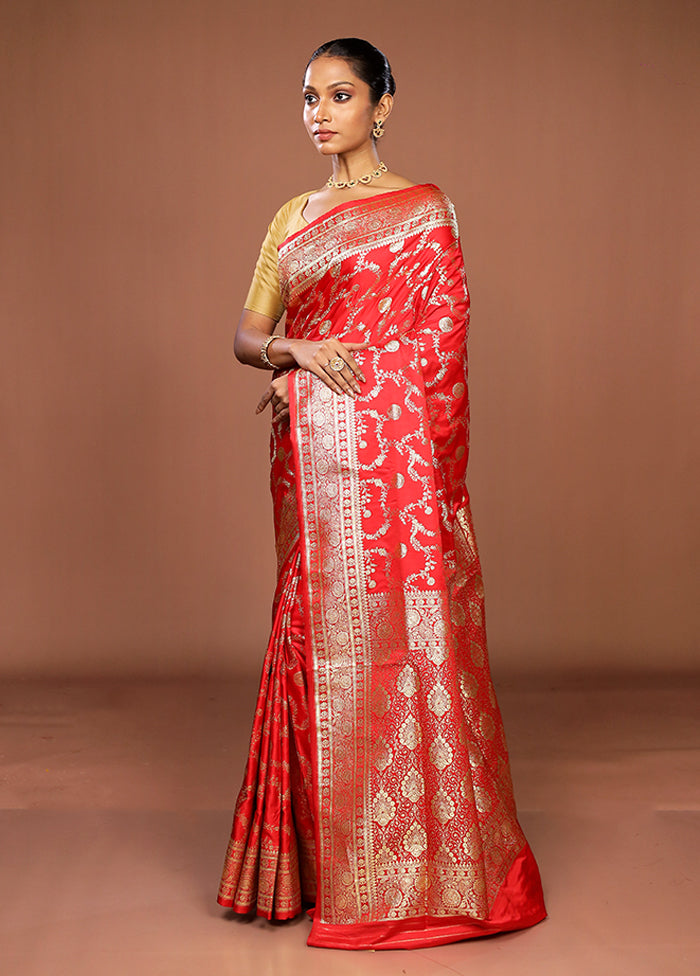 Red Banarasi Silk Saree With Blouse Piece