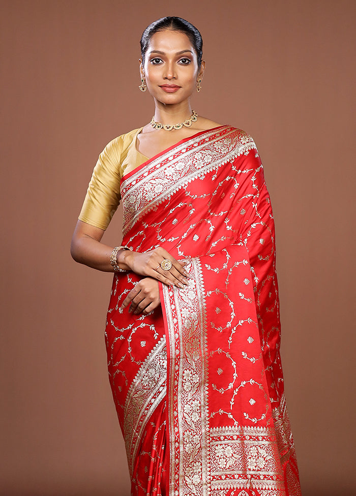 Red Banarasi Silk Saree With Blouse Piece