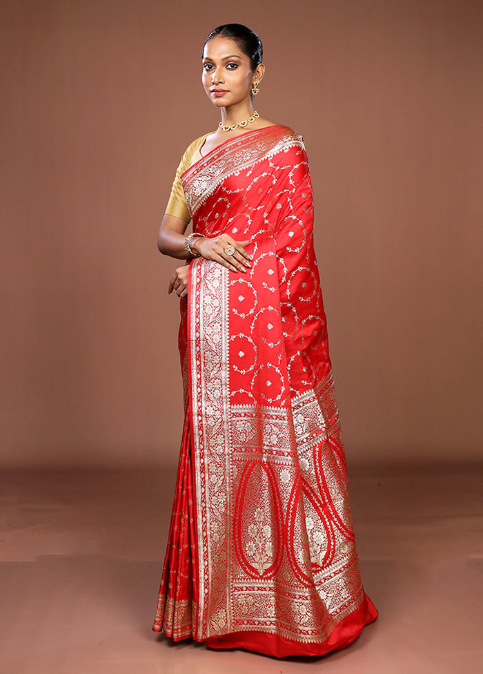 Red Banarasi Silk Saree With Blouse Piece