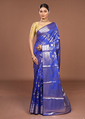 Blue Dupion Silk Saree With Blouse Piece