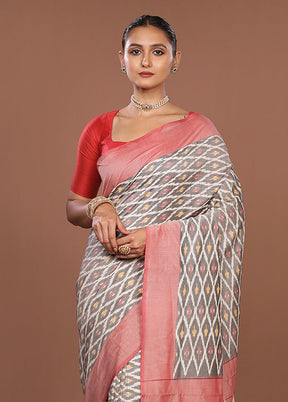 Grey Ikkat Cotton Saree Without Blouse Piece