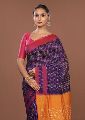 Blue Ikkat Cotton Saree Without Blouse Piece