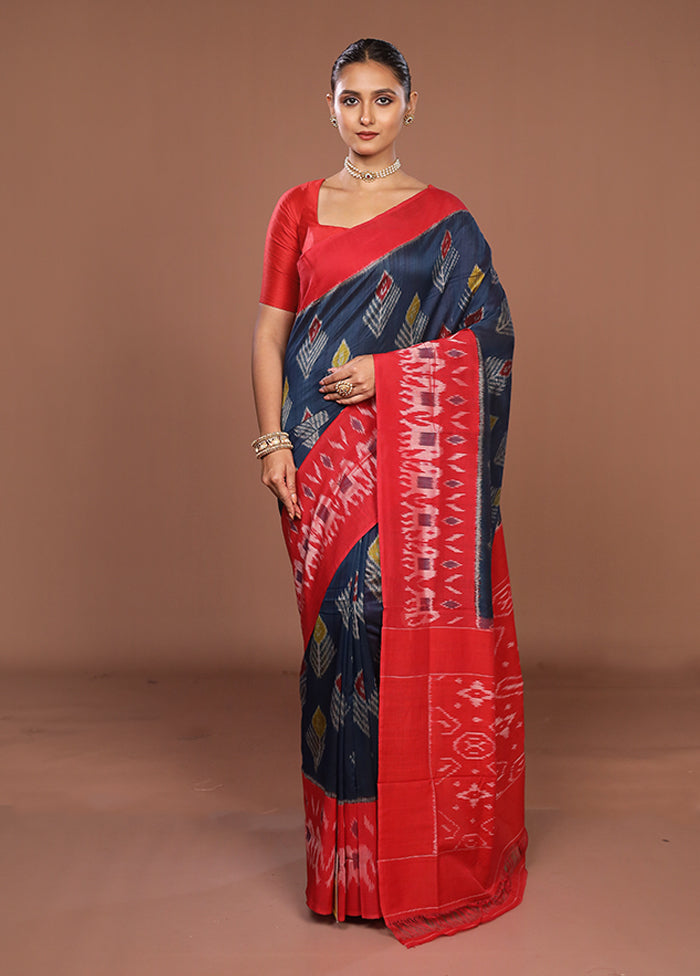 Blue Ikkat Cotton Saree With Blouse Piece