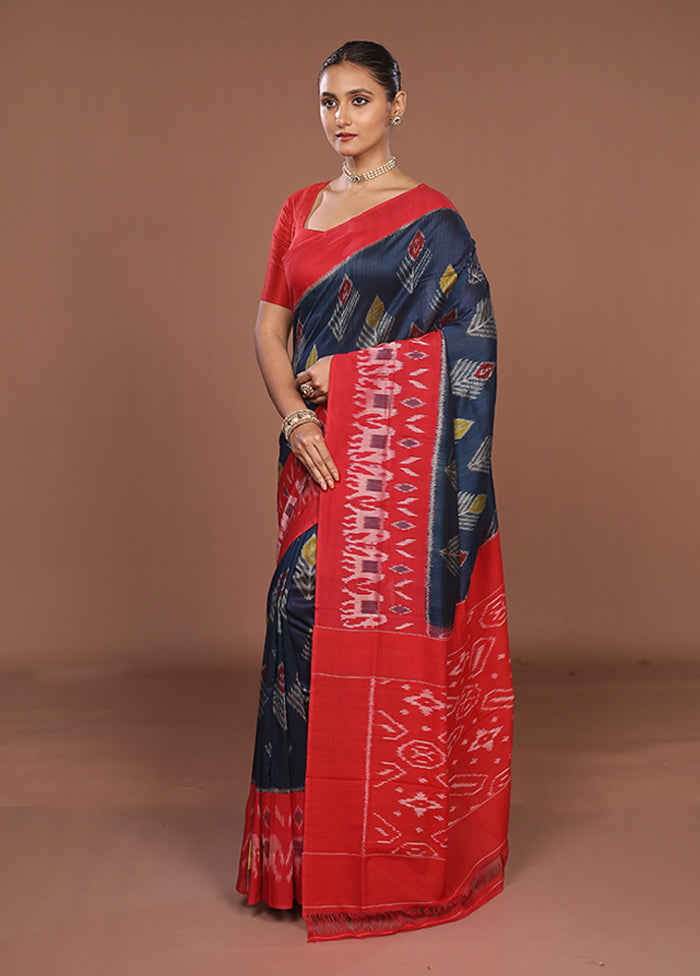 Blue Ikkat Cotton Saree With Blouse Piece