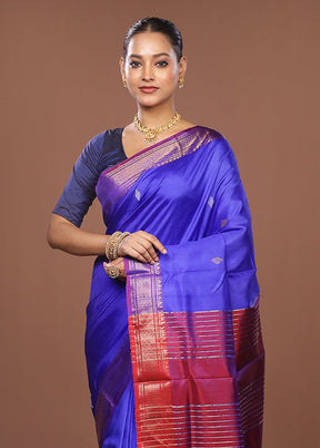Blue Handloom Kanjivaram Pure Silk Saree With Blouse Piece