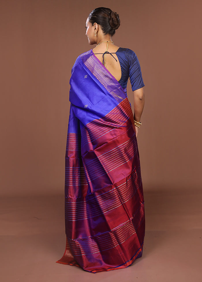 Blue Handloom Kanjivaram Pure Silk Saree With Blouse Piece