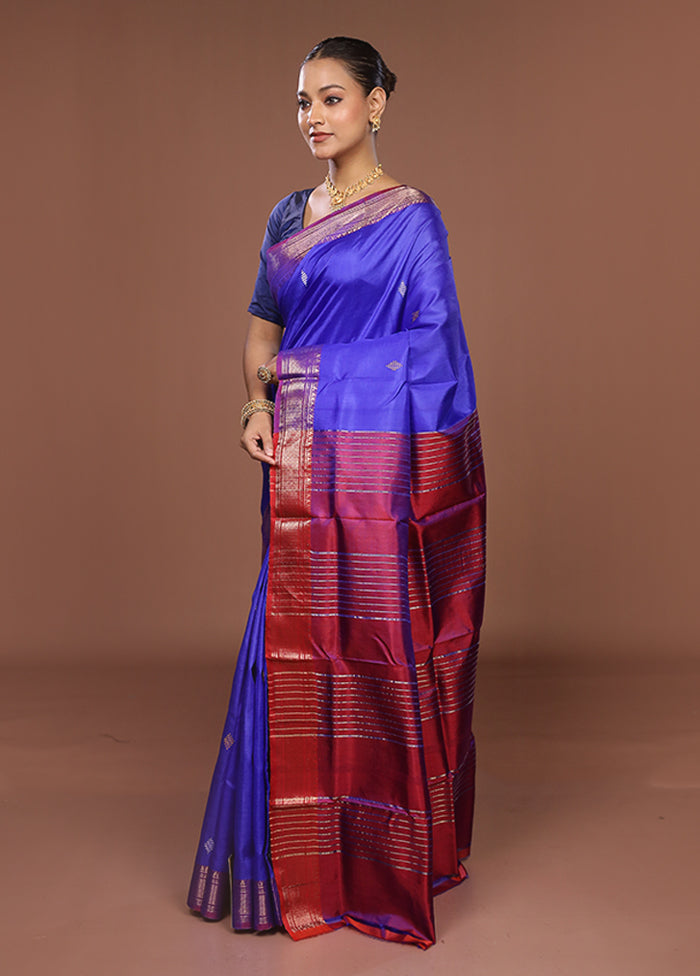 Blue Handloom Kanjivaram Pure Silk Saree With Blouse Piece