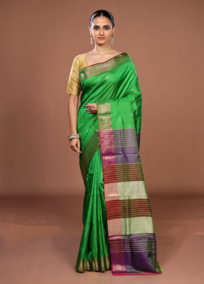Green Handloom Kanjivaram Pure Silk Saree With Blouse Piece