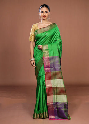 Green Handloom Kanjivaram Pure Silk Saree With Blouse Piece