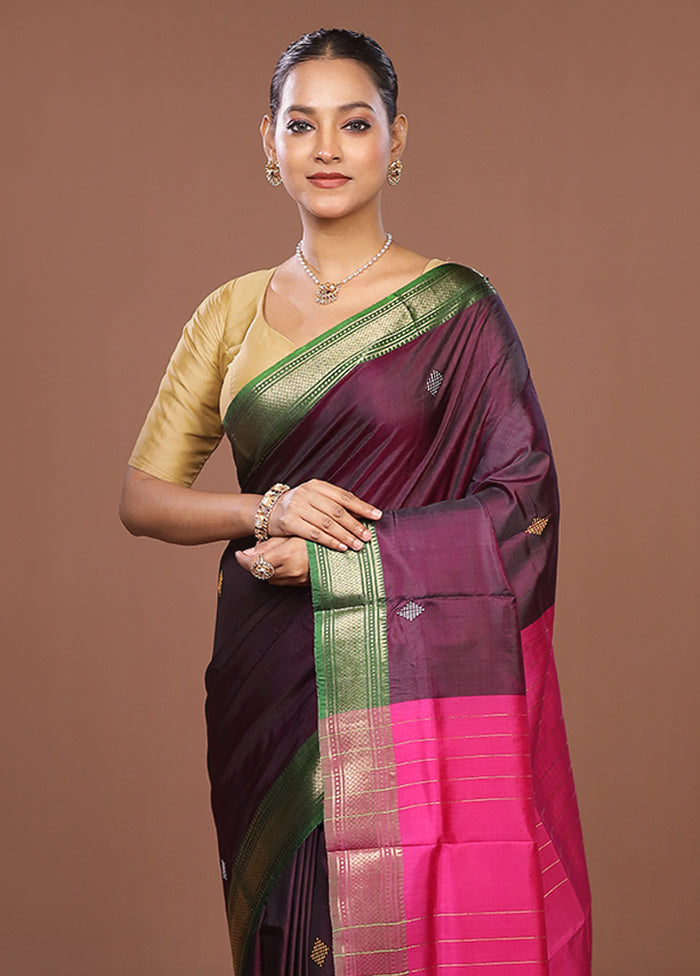 Purple Handloom Kalakhetra Pure Silk Saree With Blouse Piece