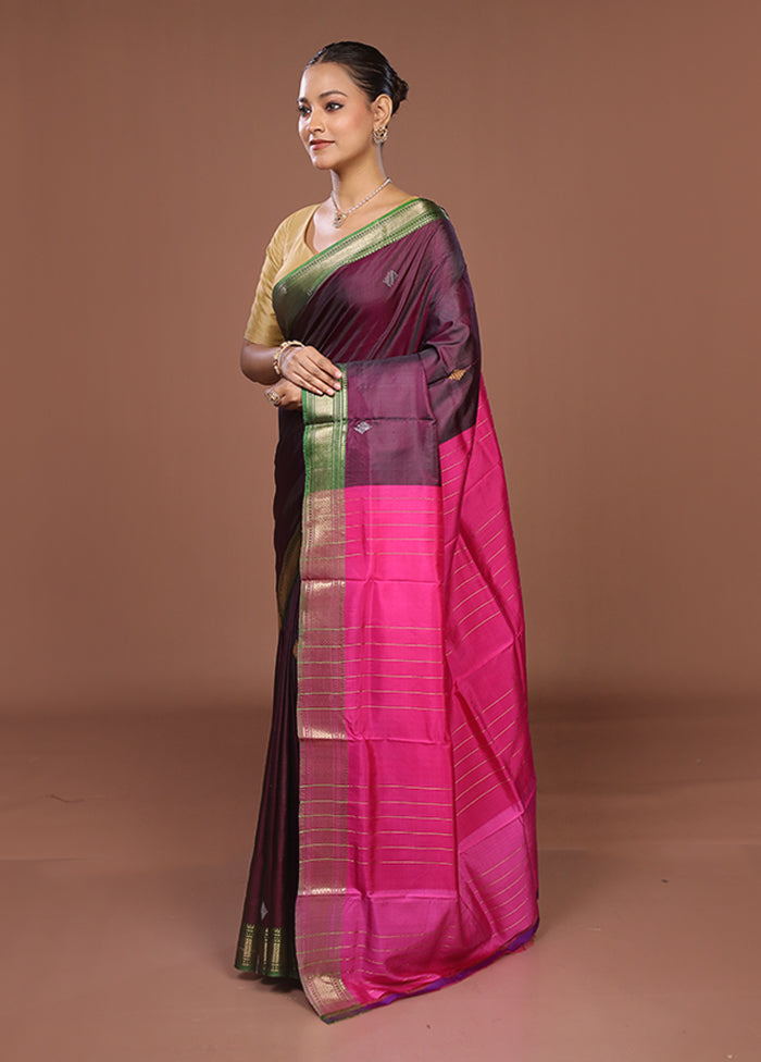Purple Handloom Kalakhetra Pure Silk Saree With Blouse Piece