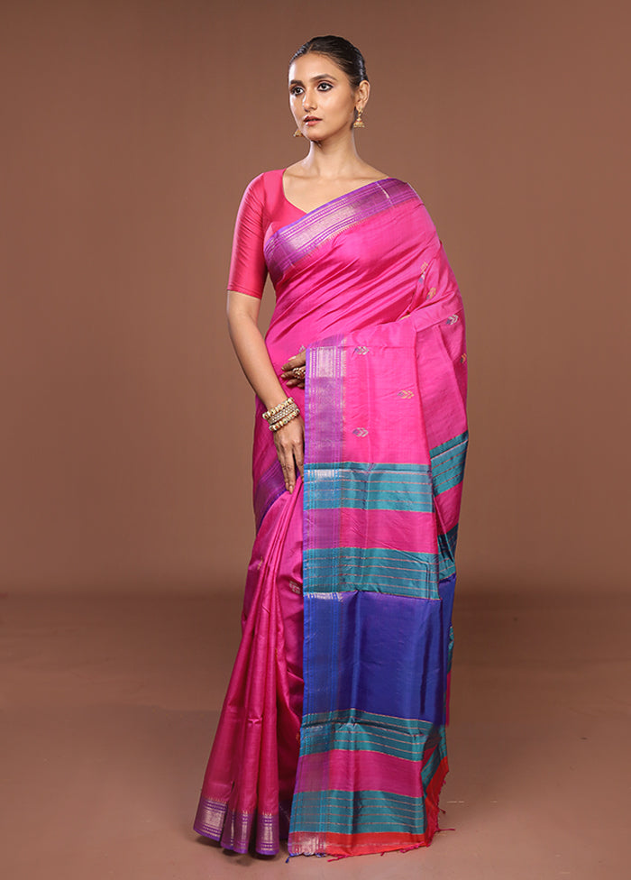 Pink Handloom Kanjivaram Pure Silk Saree With Blouse Piece