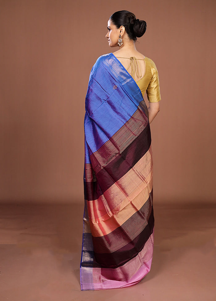 Blue Handloom Kanjivaram Pure Silk Saree With Blouse Piece