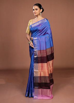 Blue Handloom Kanjivaram Pure Silk Saree With Blouse Piece
