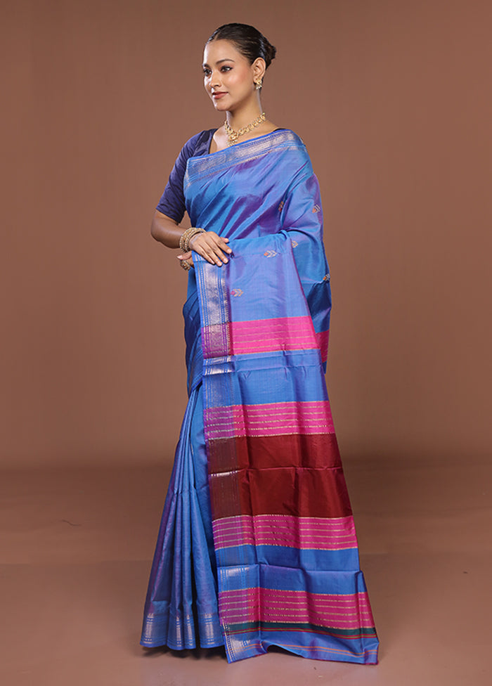 Blue Handloom Kalakhetra Pure Silk Saree With Blouse Piece