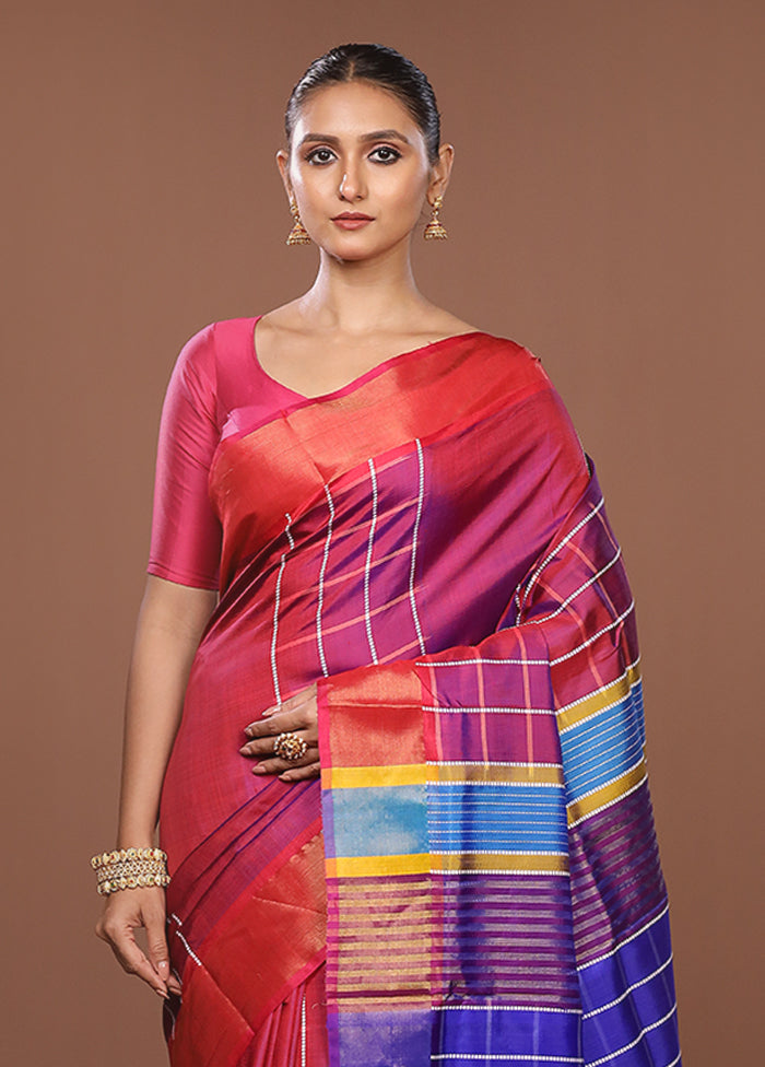 Pink Handloom Kanjivaram Pure Silk Saree With Blouse Piece