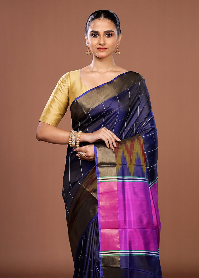 Blue Handloom Kanjivaram Pure Silk Saree With Blouse Piece