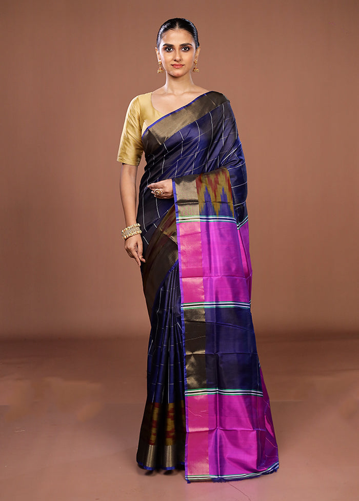 Blue Handloom Kanjivaram Pure Silk Saree With Blouse Piece