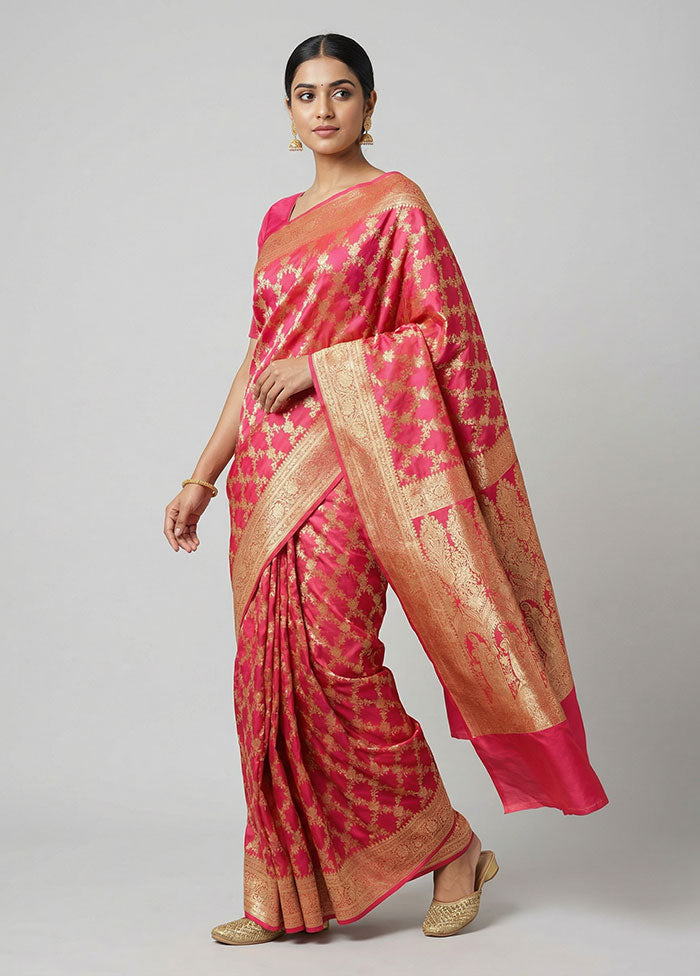 Pink Handloom Banarasi Pure Silk Saree With Blouse Piece