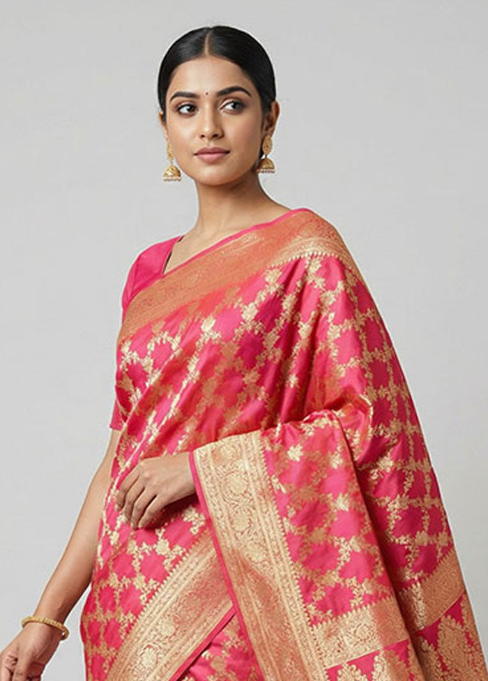 Pink Handloom Banarasi Pure Silk Saree With Blouse Piece