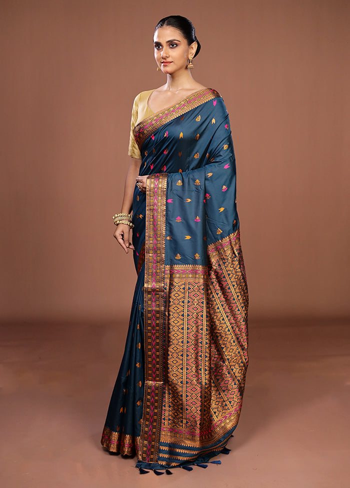 Blue Assam Silk Saree With Blouse Piece