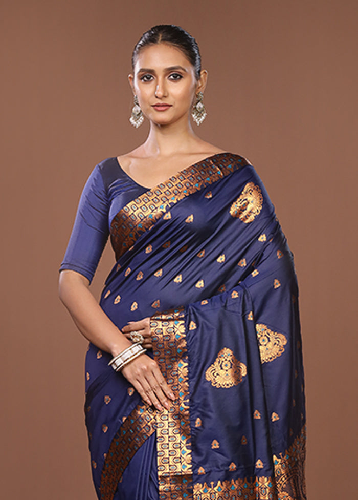 Blue Assam Silk Saree With Blouse Piece