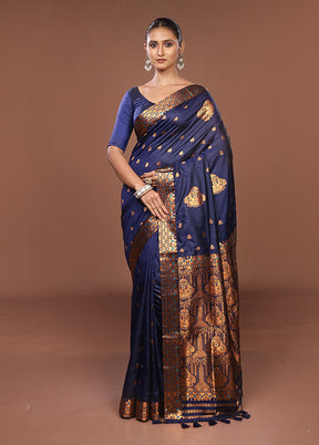 Blue Assam Silk Saree With Blouse Piece