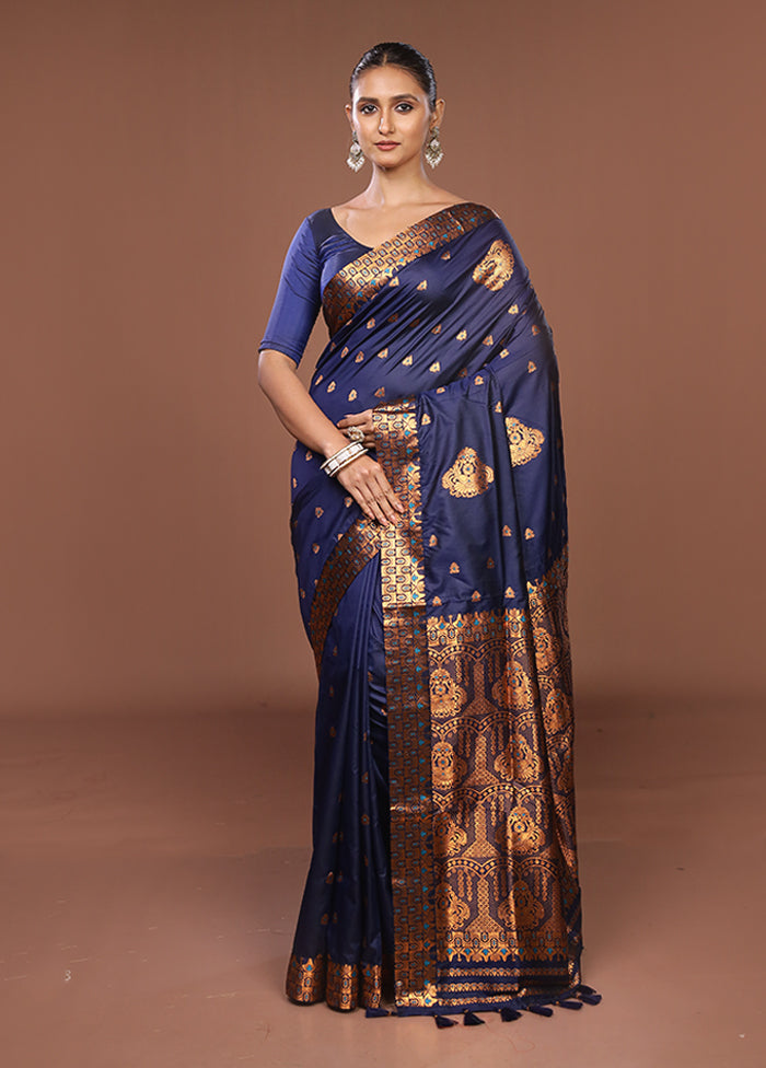 Blue Assam Silk Saree With Blouse Piece