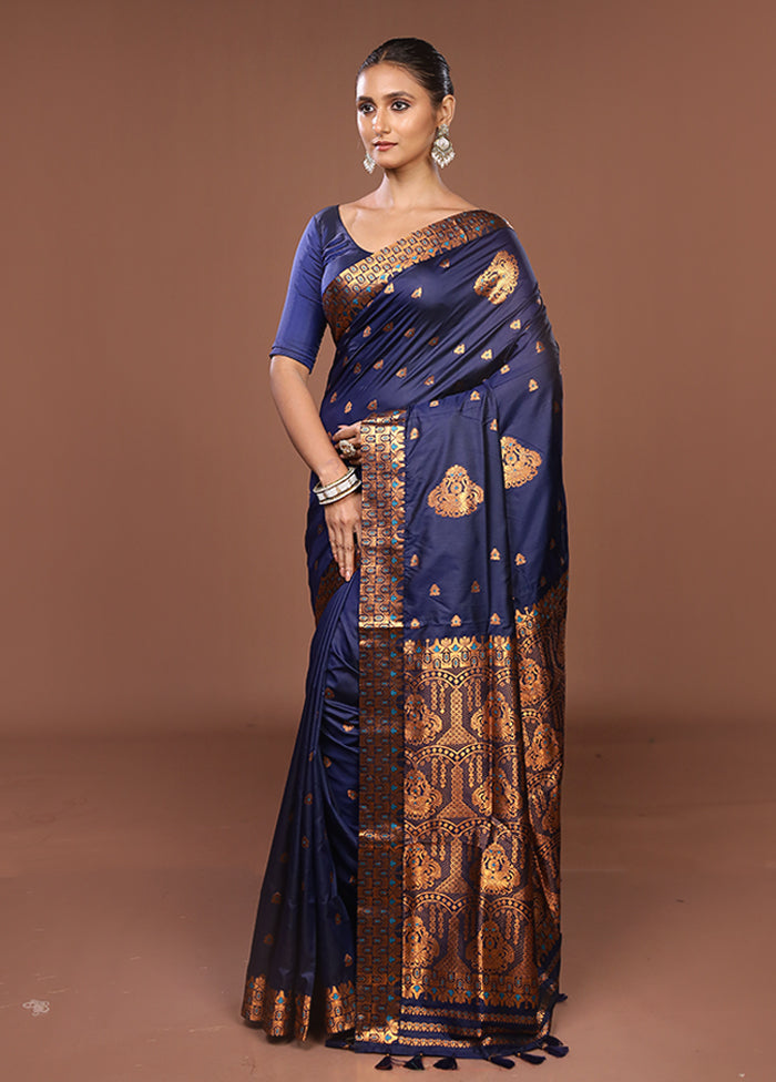 Blue Assam Silk Saree With Blouse Piece