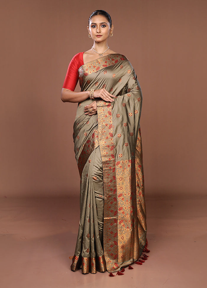 Grey Assam Silk Saree With Blouse Piece