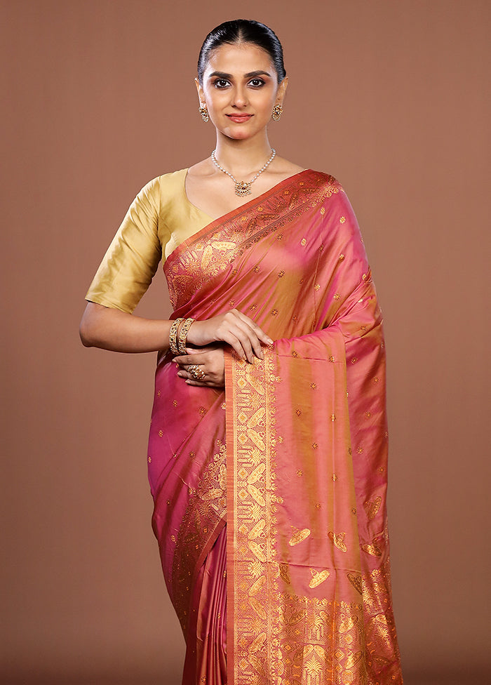 Pink Assam Silk Saree With Blouse Piece