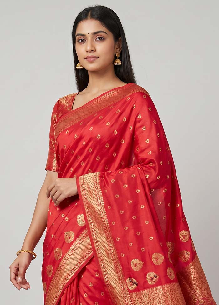 Red Assam Silk Saree With Blouse Piece