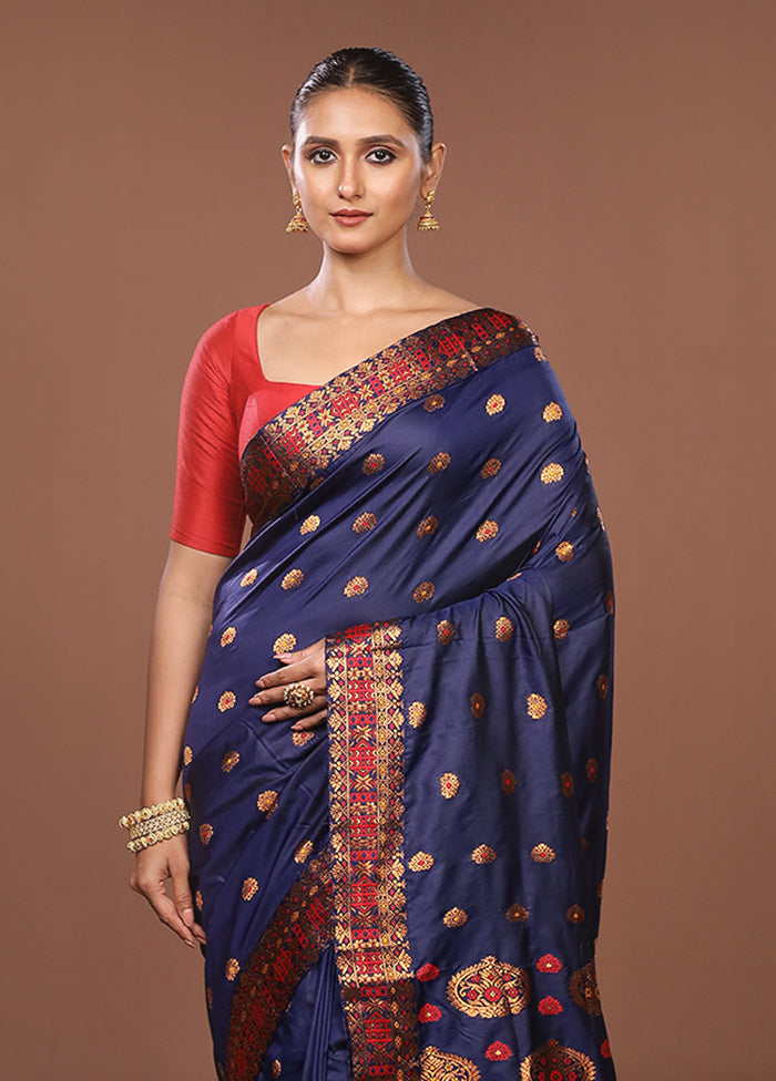 Blue Assam Silk Saree With Blouse Piece
