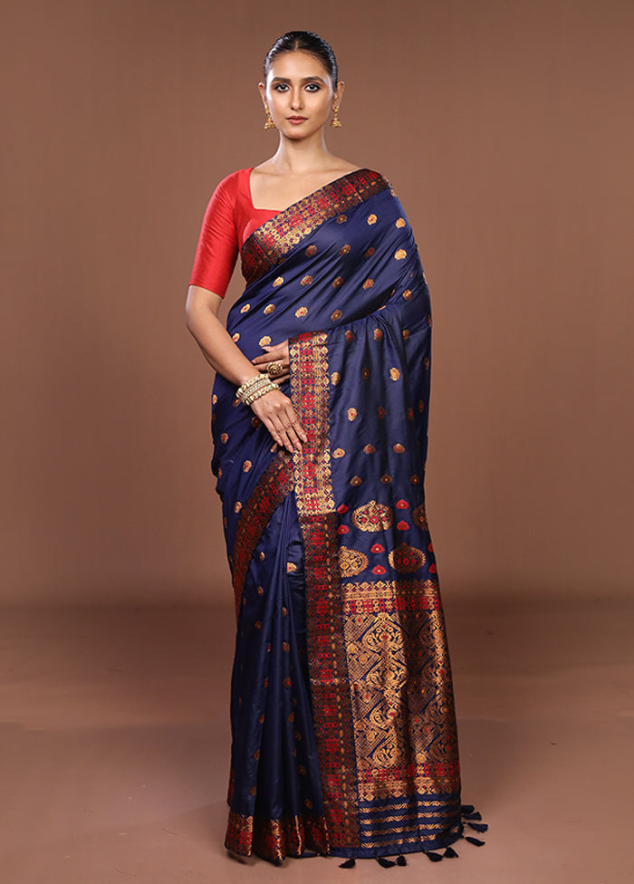 Blue Assam Silk Saree With Blouse Piece