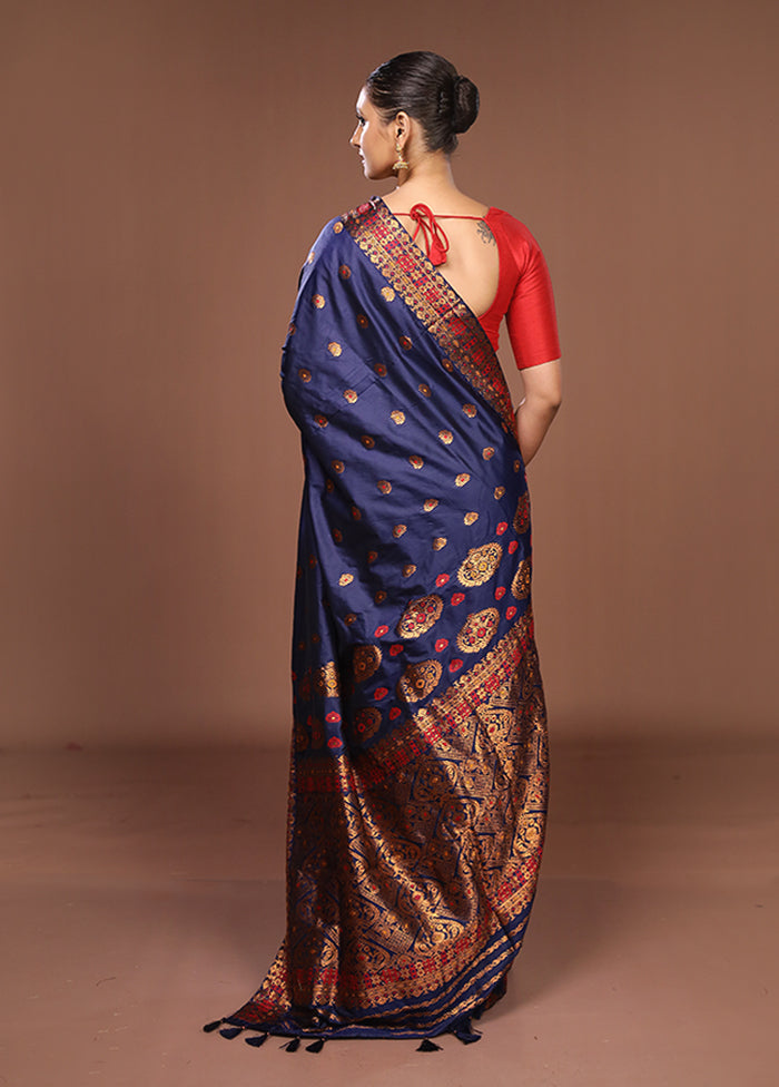 Blue Assam Silk Saree With Blouse Piece