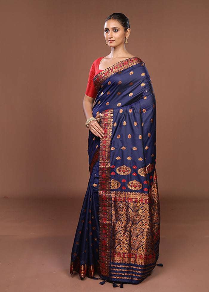 Blue Assam Silk Saree With Blouse Piece