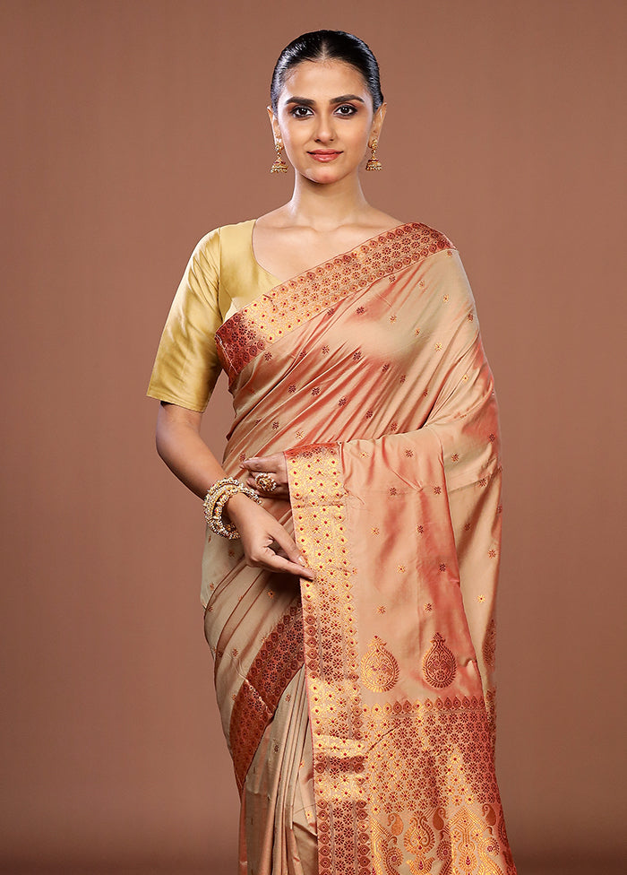 Cream Assam Silk Saree With Blouse Piece