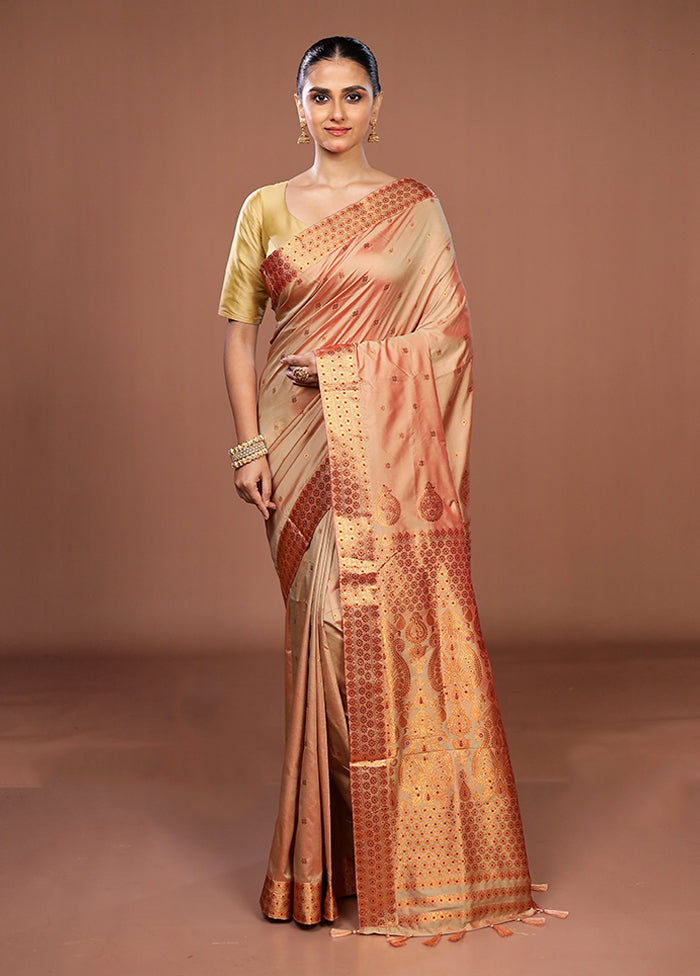 Cream Assam Silk Saree With Blouse Piece