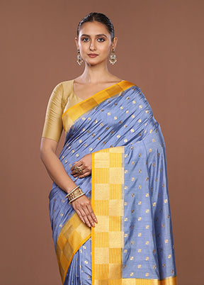 Blue Dupion Silk Saree With Blouse Piece