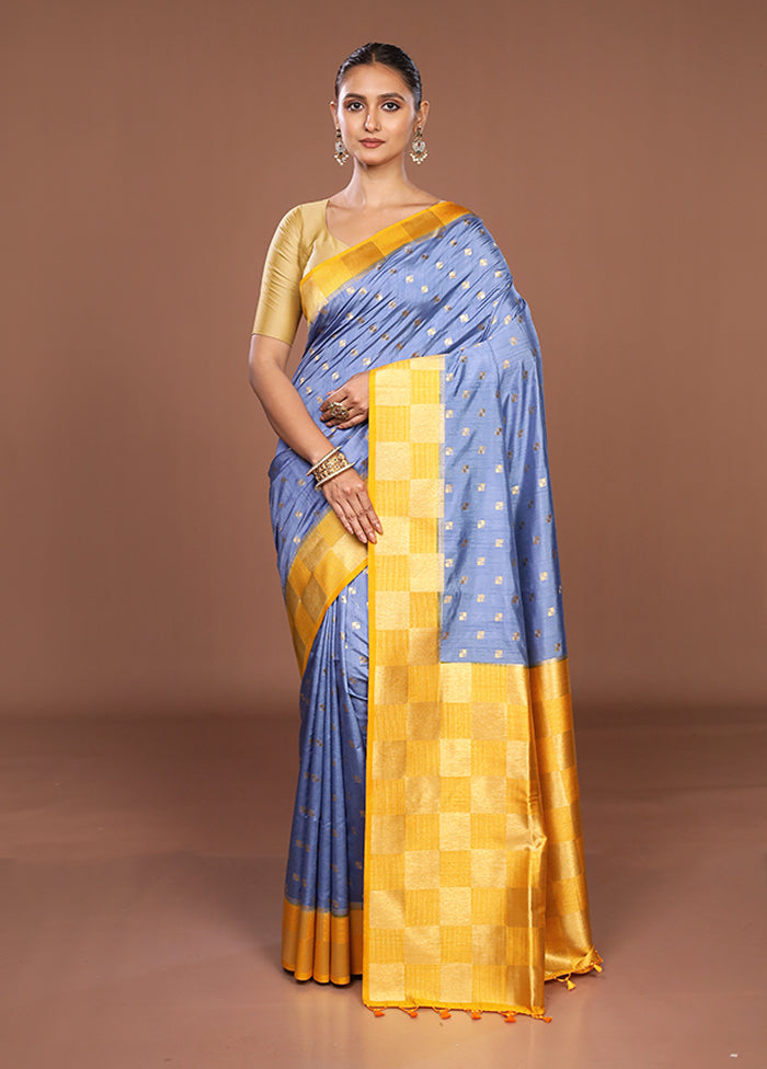 Blue Dupion Silk Saree With Blouse Piece