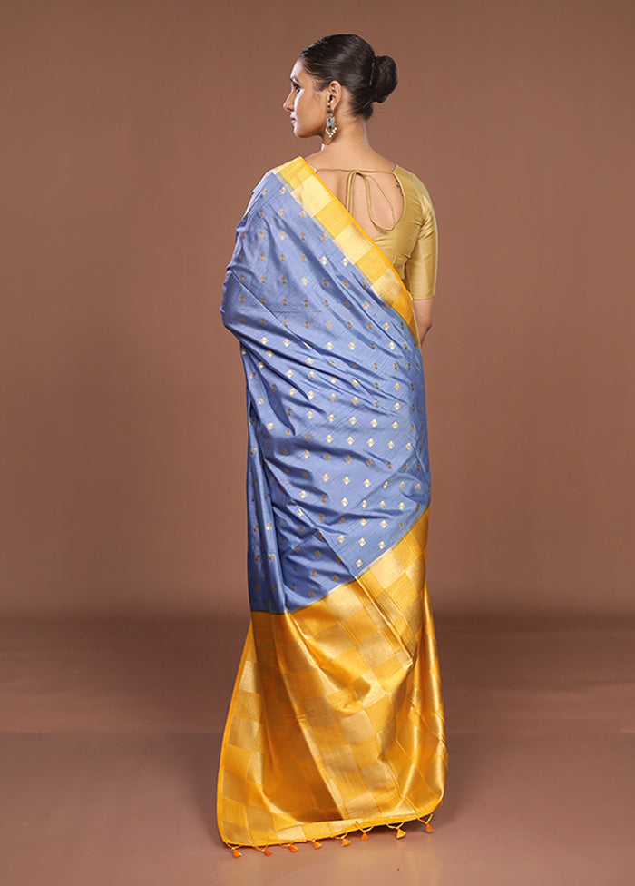 Blue Dupion Silk Saree With Blouse Piece