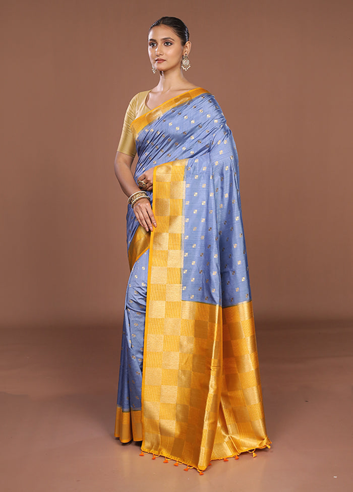 Blue Dupion Silk Saree With Blouse Piece