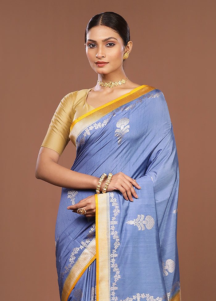 Blue Dupion Silk Saree With Blouse Piece